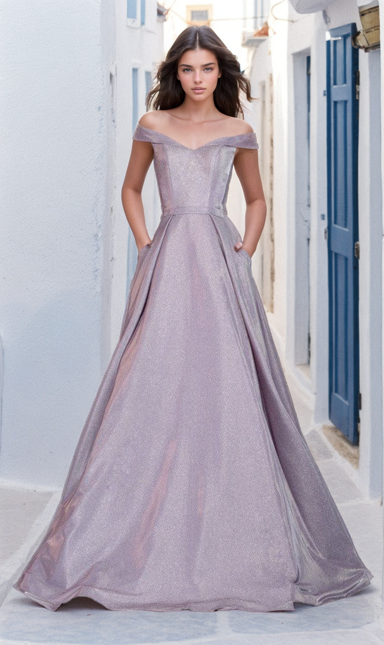 A woman in the Off-Shoulder Long A-Line Prom Dress: Chicas BT9017, a shimmering lavender evening gown, stands on a narrow street with white walls and blue doors.